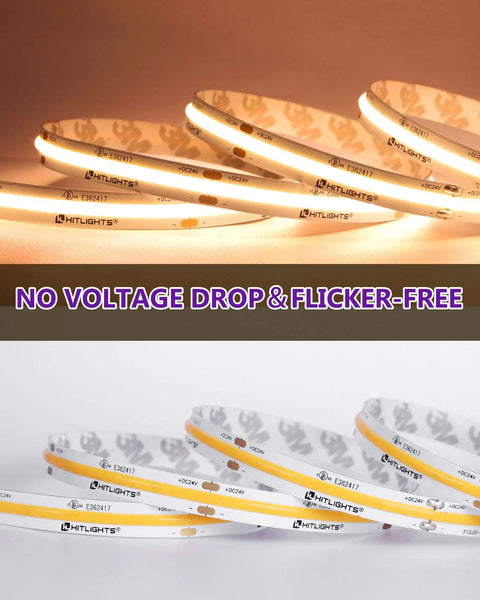 COB LED Strip Light 16.4 ft Warm White 2700K High Density 24V Tape Light With 2560 LEDs, 350+ Lumens Per Foot, CRI 90+, IP30, Great For Kitchen Cabinets And Custom Installations, Strip Only, Power Source Not Included