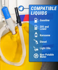 Heavy Duty Battery Powered Gas Transfer Pump With Smart Auto Shut Off No Drip Siphon Hose for compatible liquids like gasoline and kerosene.