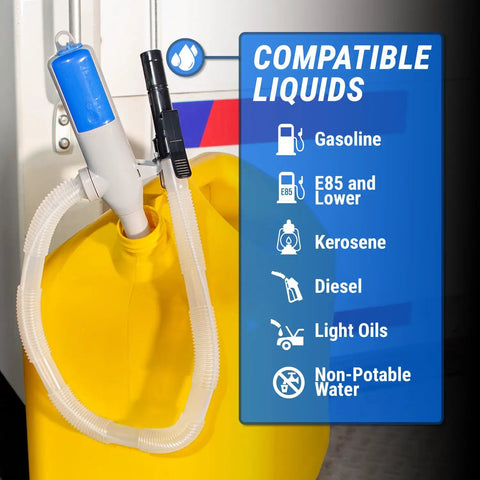 Heavy Duty Battery Powered Gas Transfer Pump With Smart Auto Shut Off No Drip Siphon Hose for compatible liquids like gasoline and kerosene.