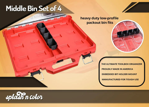 Milwaukee Packout Low Profile Tool Box Organizer Middle Bin Set Heavy Duty Modular Storage System Black Plastic 4 Count