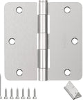 Top Shelf Interior Door Hinges In Brushed Nickel With Rounded Corners Solid Iron Residential Hardware three-inch half size with mounting screws.
