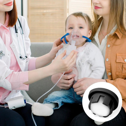 Doctor assists baby with inhaler using cool mist; inset shows Universal Round White Air Filter Sponge for vaporizers, 0.59 inch diameter.