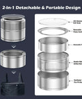 Diagram of Smokeless 20 Inch Outdoor Fire Pit Portable Stainless Steel With Grill Grate Ash Pan showing detachable parts and carry bag