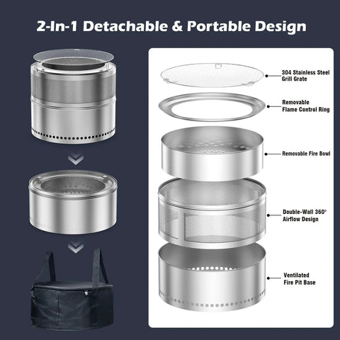 Diagram of Smokeless 20 Inch Outdoor Fire Pit Portable Stainless Steel With Grill Grate Ash Pan showing detachable parts and carry bag