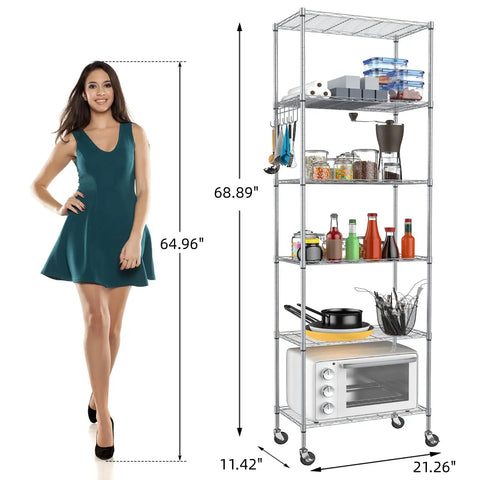 Premium Heavy Lifter 2 Pack 6 Tier Wire Shelving Units With Easy Roll Casters And Rust Free Hooks For No Sweat Home And Garage Organization Flexible Rack Setup