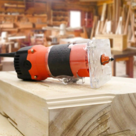 Router Tool 6.5 Amp Wood Router With One And A Quarter HP 30000 RPM Built For Woodworking on a wooden surface in workshop