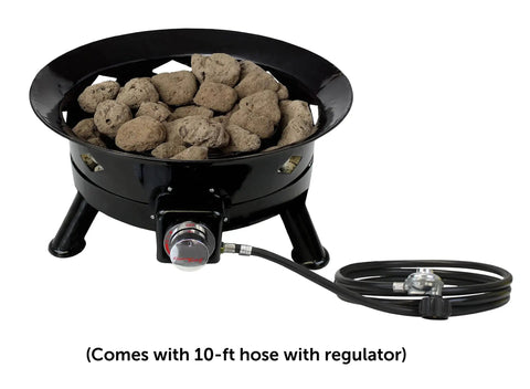 Smokeless 24 Inch Portable Propane Fire Pit Bowl With 58K BTU Self Igniter 10 Foot Hose Cover And Carry Straps shown with 10-ft hose