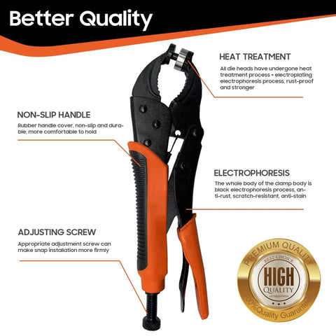 Heavy Duty Snap Fastener Tool Kit With Punching Function And Adjustable Setter 15mm Snap Tool For Boat Covers Includes 100 Sets Easy Safer Faster Installation For DIY Marine Projects; tool with orange non-slip handle