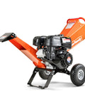 4-Inch Wood Chipper Shredder Mulcher with 9HP gas engine, featuring 10-inch wheels and vertically adjustable discharge.