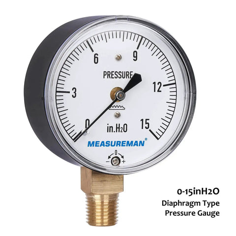 Diaphragm Type Capsule Low Pressure Gauge With 2-1/2 Inch Dial, 1/4 Inch NPT Lower Mount, Adjustable 0-15 In H2O, For Air And Water