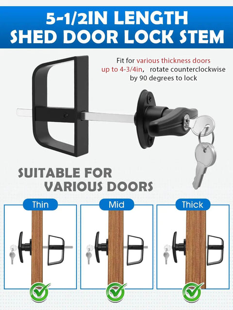 Image of Heavy Duty Shed Door T Handle Lock Kit With 4 Keys Tough As Nails Zinc Alloy T Lock showing adjustable stem for doors up to 4.75 inches.