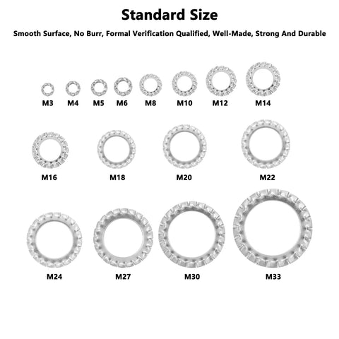Top Quality M3 Star Lock Washers Crafted From Rust Resistant SUS304 Stainless Steel, external tooth structure, standard sizes shown.