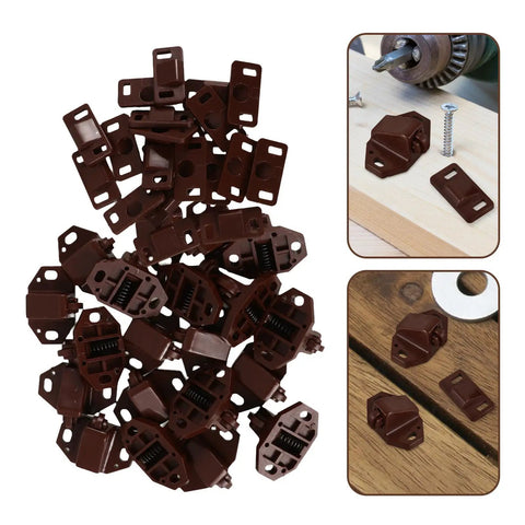 20 Pack Plastic Ball Catch Latches For Cabinets And Cupboards, shown in brown with installation examples on wood surfaces.
