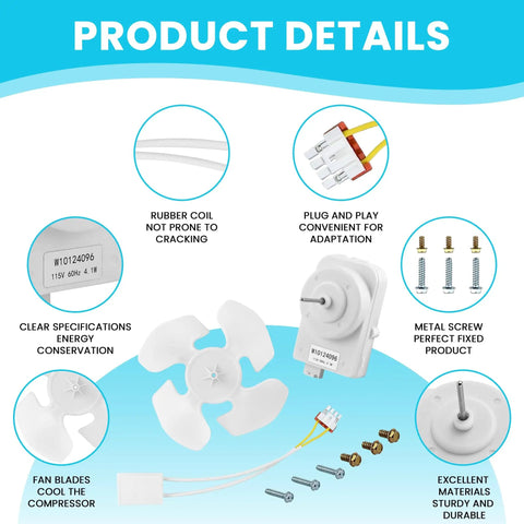 Condenser Fan Motor Kit For Refrigerator Replacement Includes W10130108 Motor ABS Blade All The Right Stuff Parts overview image