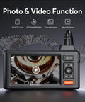Triple Lens 5 Inch IPS Screen Snake Endoscope Camera display showing gears for Auto Repair Walls Sewers Pipes and Pro Grade Home Mechanics