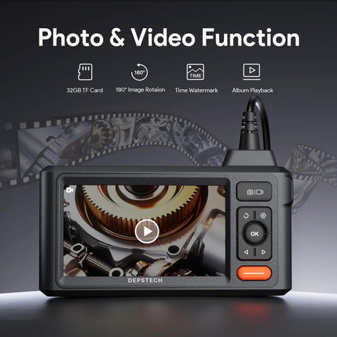 Triple Lens 5 Inch IPS Screen Snake Endoscope Camera display showing gears for Auto Repair Walls Sewers Pipes and Pro Grade Home Mechanics