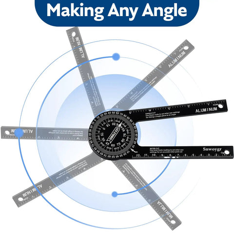 Heavy Duty 7 Inch Aluminum Angle Finder Protractor With Dual Scale Square Offers Bullseye Precision With Zero Slop For Dead Nuts Accurate Miter Cuts And Smooth Daily Woodworking Tasks, showing multiple angles.