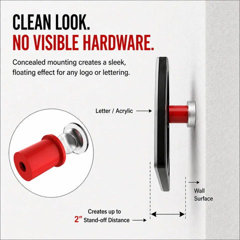 Clean Hidden Acrylic Standoff Mounts For Plexiglass Wall Signs With No Sweat Install Kit UV Stable Heavy Duty Clip In Holders 100 Pack showing concealed mounting for letter and wall