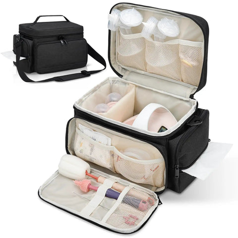 Breast Pump Travel Bag With Water-Resistant Mat And Removable Divider, Large Capacity Carrying Case For Work Travel And Family Use, Black