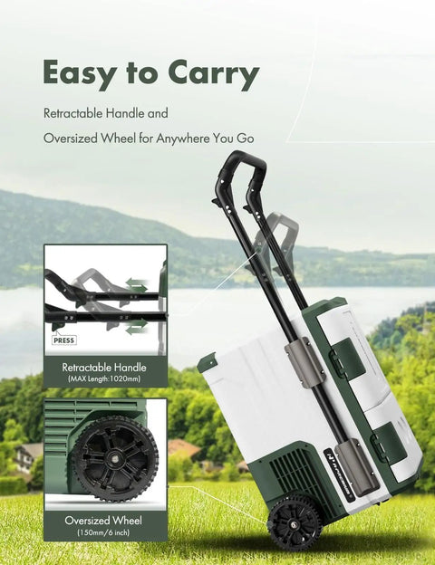 Dual Zone 39 Quart 12 Volt Portable Car Refrigerator With Independent Temp Control side view showing retractable handle and oversized wheel.