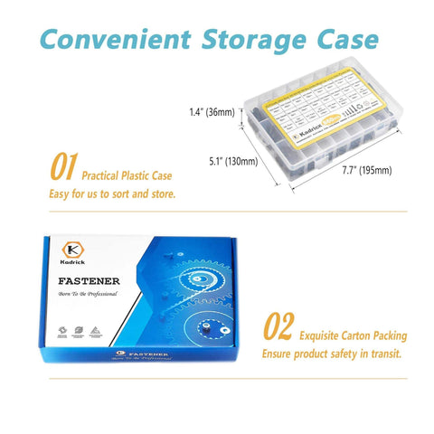 Packaging of All In One Metric Screw Kit With 860 Piece Assortment for 3D printing and DIY, showing storage case dimensions.