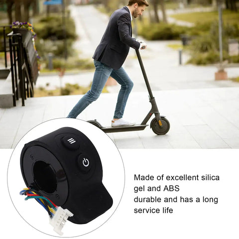 Finger Throttle For Electric Scooters Ultra Sensitive Accelerator Control Slick Quick Response Easy Install Replacement Part With Convex Stripes Fits Most Models Black, close-up of black throttle with buttons and wires against scooter rider background.