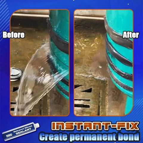 Heavy Duty 9900 Structural Sealant Provides Rock Solid Waterproof Adhesive Glue With Badass Polymer Bonding For Extreme Weather Protection And Totally Durable Construction Work, before and after sealing pipe joint.