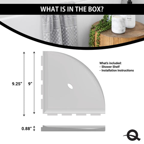 Illustration of 10 Inch Corner Shower Shelf With Lugged Mount dimensions and inclusion details for tiled walls in graphite black.
