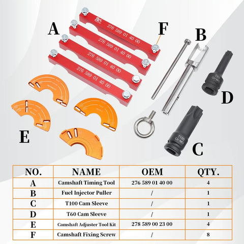 Pro Grade Engine Timing Locking Kit With 4 Camshaft Adjuster Tools, Fuel Injector Puller, T60 And T100 Sleeves For Mercedes Benz