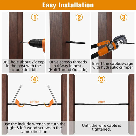 Installation steps for 80 Pack Black T316 Stainless Steel Left And Right Handed Lag Screws For One Eighth Inch Cable Railing Deck And Stair Wood Post Hardware Kit With Easy Tensioning No Turnbuckle Needed Rust Resistant.