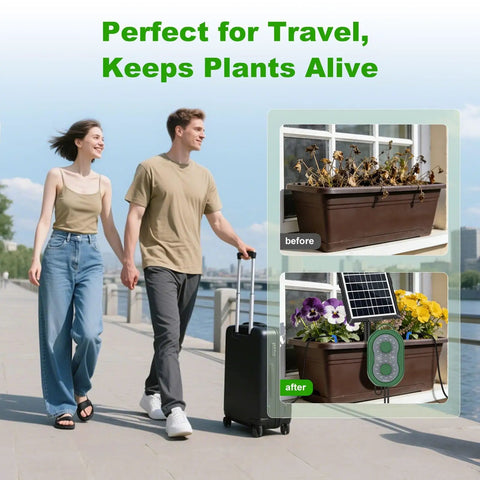 Before and after using solar drip irrigation system for gardens and balconies, auto watering kit set it and forget it.