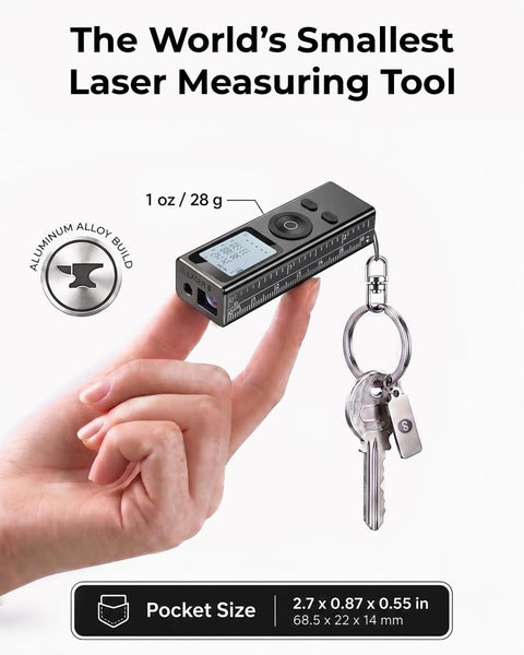 Ultra-Compact Laser Distance Meter Keychain Tool with backlit display, shown in hand with keys, aluminum body, pocket size.