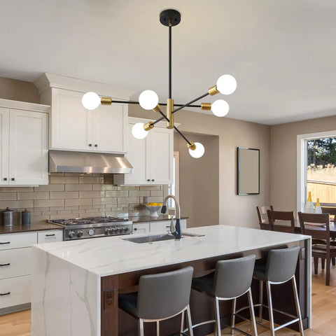 Sputnik Chandelier Pendant Light Black And Gold in a kitchen setting, mid-century modern industrial E26 ceiling fixture