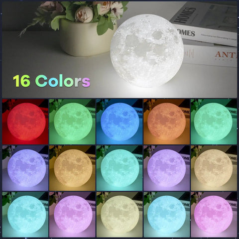 Upgraded 7 Inch Moon Lamp 3D Printed Moon Light With 16 Color Options Remote And Touch Control Realistic Crater Details Cozy Lit Night Light Gift For Women Teens Men White Hand Stand Included displaying 16 color options on table
