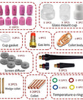 90 Piece TIG Welding Torch Accessories Kit For WP17 WP18 WP26 Glass Cup Alumina Nozzle Consumables, showing components and sizes.