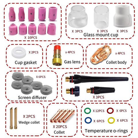 90 Piece TIG Welding Torch Accessories Kit For WP17 WP18 WP26 Glass Cup Alumina Nozzle Consumables, showing components and sizes.