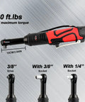 Extended 18V Cordless Ratchet Wrench Kit With Three Eighths Inch Drive, 60 ft lbs torque, shown with socket adapters