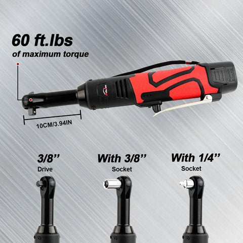 Extended 18V Cordless Ratchet Wrench Kit With Three Eighths Inch Drive, 60 ft lbs torque, shown with socket adapters