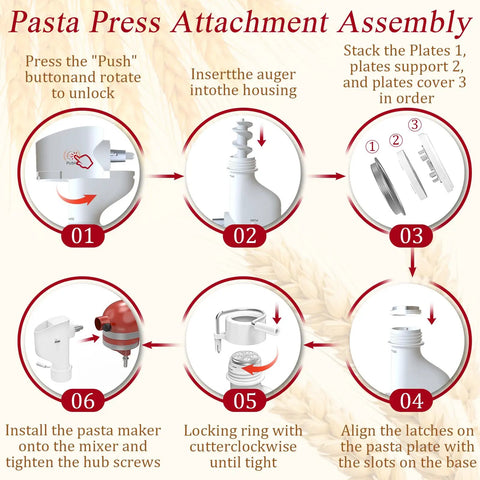 Assembly steps for All In One Pasta Press Attachment For Stand Mixers With 7 Interchangeable Plates Spaghetti Bucatini Rigatoni