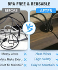 Set Of Two Bronze Desk Grommets Straight Up Sturdy Zinc Alloy Cable Management Covers Smooth Wire Routing Rings For Office Tables Kick Cable Clutter To The Curb Dead Simple Install Keep Workspace Sharp comparison of messy and neat wires.
