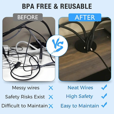 Set Of Two Bronze Desk Grommets Straight Up Sturdy Zinc Alloy Cable Management Covers Smooth Wire Routing Rings For Office Tables Kick Cable Clutter To The Curb Dead Simple Install Keep Workspace Sharp comparison of messy and neat wires.
