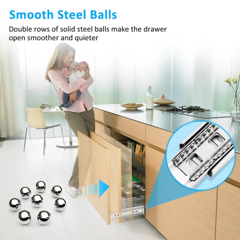 Woman using kitchen drawer with Stainless Steel Drawer Slides With Ball Bearing Full Extension 3 Fold Side Mount Cabinet Runners Rails Track 100 Lb Load 20 Inch Heavy Duty Built Tough For Kitchen And Workshop Storage