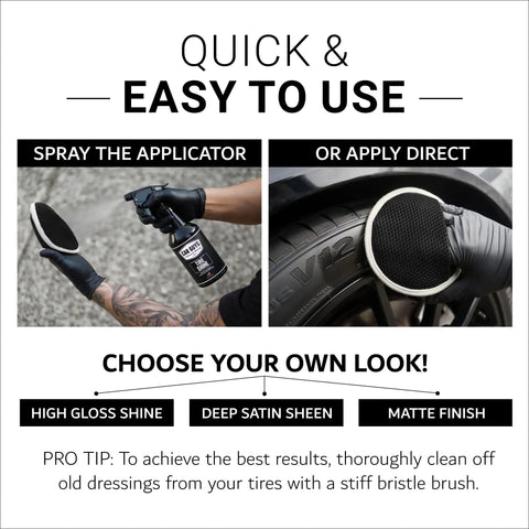 Deep Black Tire Shine Spray with Long Lasting Tire Dressing No Sling and Dries to the Touch 18 oz kit application method
