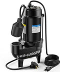 Submersible Sewage Pump With Auto Float Switch Three Quarter HP 6400 GPH 29 Ft Lift 2 Inch NPT Discharge Beefed Up Residential Sump Basin Pump Oil Filled Motor Black