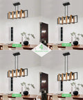 Antique Wood Chandelier For Kitchen Island With 4 Lights, 31.5 Inch Rectangular Pendant in a room, adjustable heights shown.