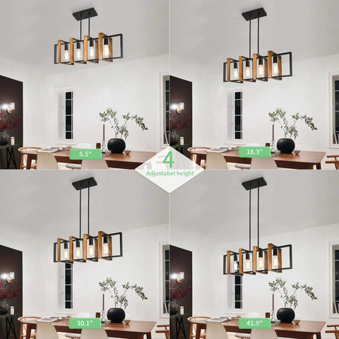 Antique Wood Chandelier For Kitchen Island With 4 Lights, 31.5 Inch Rectangular Pendant in a room, adjustable heights shown.