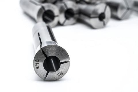 Close-up of Round Collet Set For Milling Machines 11 Pcs R8 Range 1/8 To 3/4 Inch With 7/16-20 Internal Thread, metal tooling.