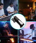 Universal Sustain Pedal For Digital Pianos And MIDI Keyboards With Quarter Inch Jack And Polarity Switch Plug And Play Ready shown in use with musicians.