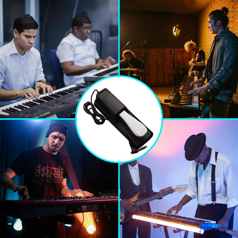 Universal Sustain Pedal For Digital Pianos And MIDI Keyboards With Quarter Inch Jack And Polarity Switch Plug And Play Ready shown in use with musicians.