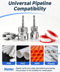 Two In One Pipe Tapping And Threading Kit For One Half Inch, Three Quarter Inch, And One Inch PVC Pipes on display with compatible pipe types